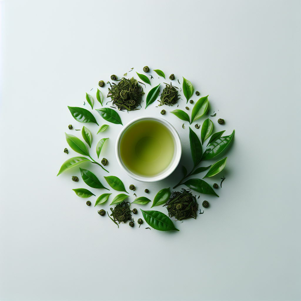 Une tasse de thé vert entourée de feuilles de thé fraîches dans un décor minimaliste.