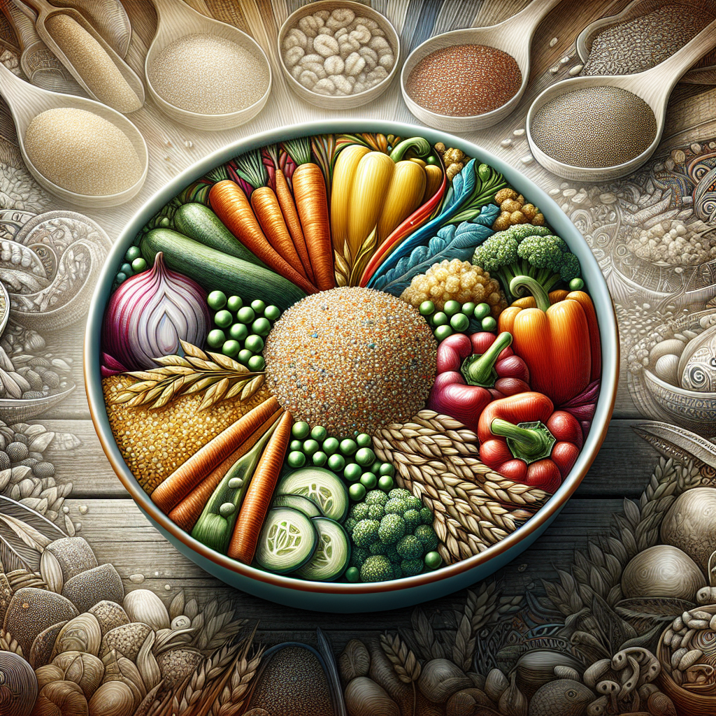 Un bol de quinoa accompagné de légumes assortis avec en arrière-plan des grains sains, mettant en valeur le caractère nutritif et complet du quinoa.