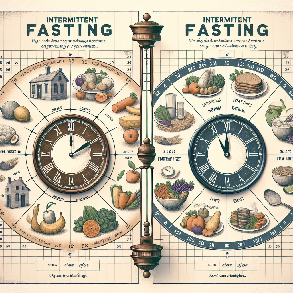 Illustration du concept de jeûne intermittent montrant un cycle 16/8 avec une horloge indiquant 16 heures de jeûne et 8 heures de repas, et un cycle 5:2 avec un calendrier hebdomadaire mettant en évidence 5 jours d'alimentation normale et 2 jours de jeûne.