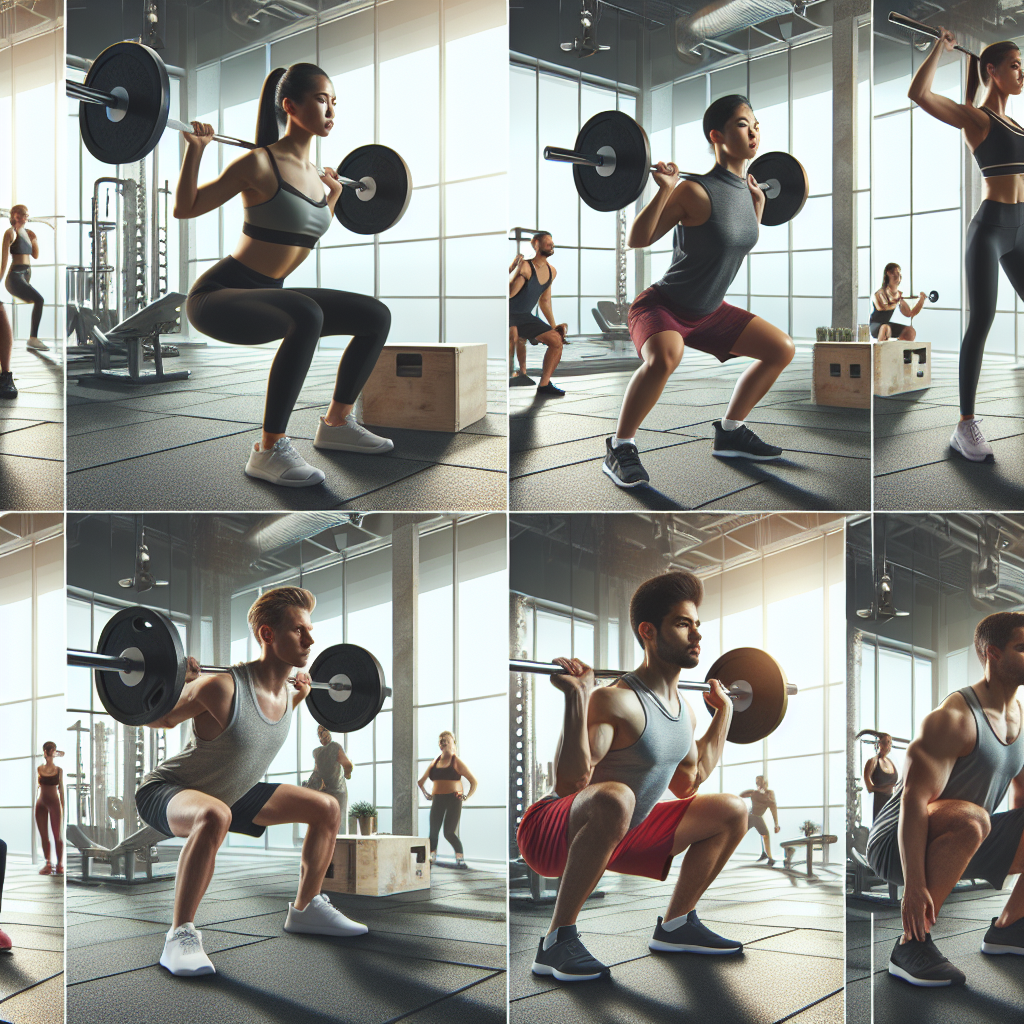 Des personnes s'entraînent avec des poids dans une salle de gym, exécutant des exercices comme le squat, le développé couché et le soulevé de terre, ainsi que des exercices d'isolation pour des muscles spécifiques.