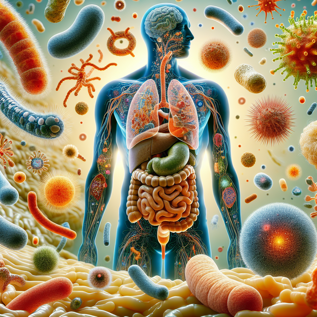Illustration détaillée et colorée de la flore intestinale, montrant divers microbes comme des bactéries, des virus et des champignons dans le système digestif, participant à la digestion, la synthèse de vitamines et la protection contre les agents pathogènes.