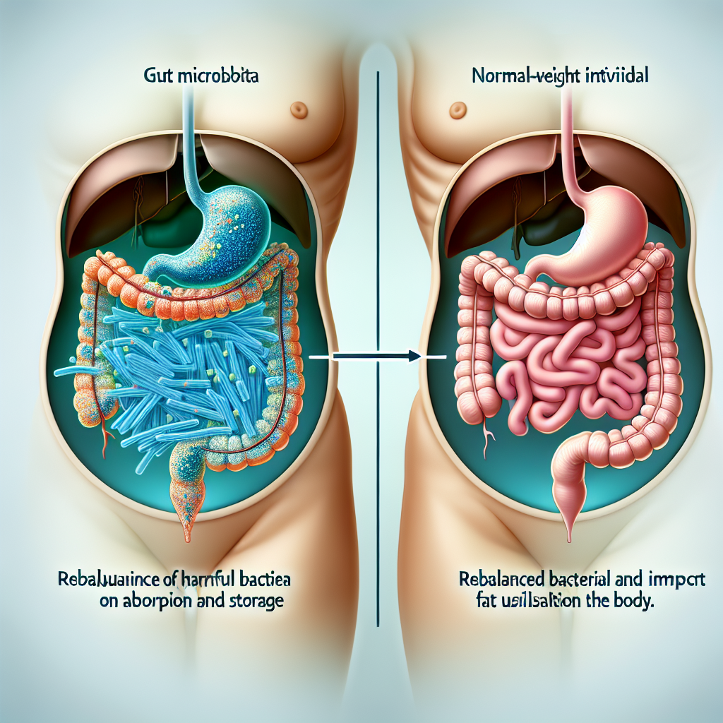 Illustration détaillée montrant la différence entre la flore intestinale des personnes en surpoids et celles ayant un poids normal, indiquant l'influence des mauvaises bactéries sur l'absorption et le stockage des graisses.