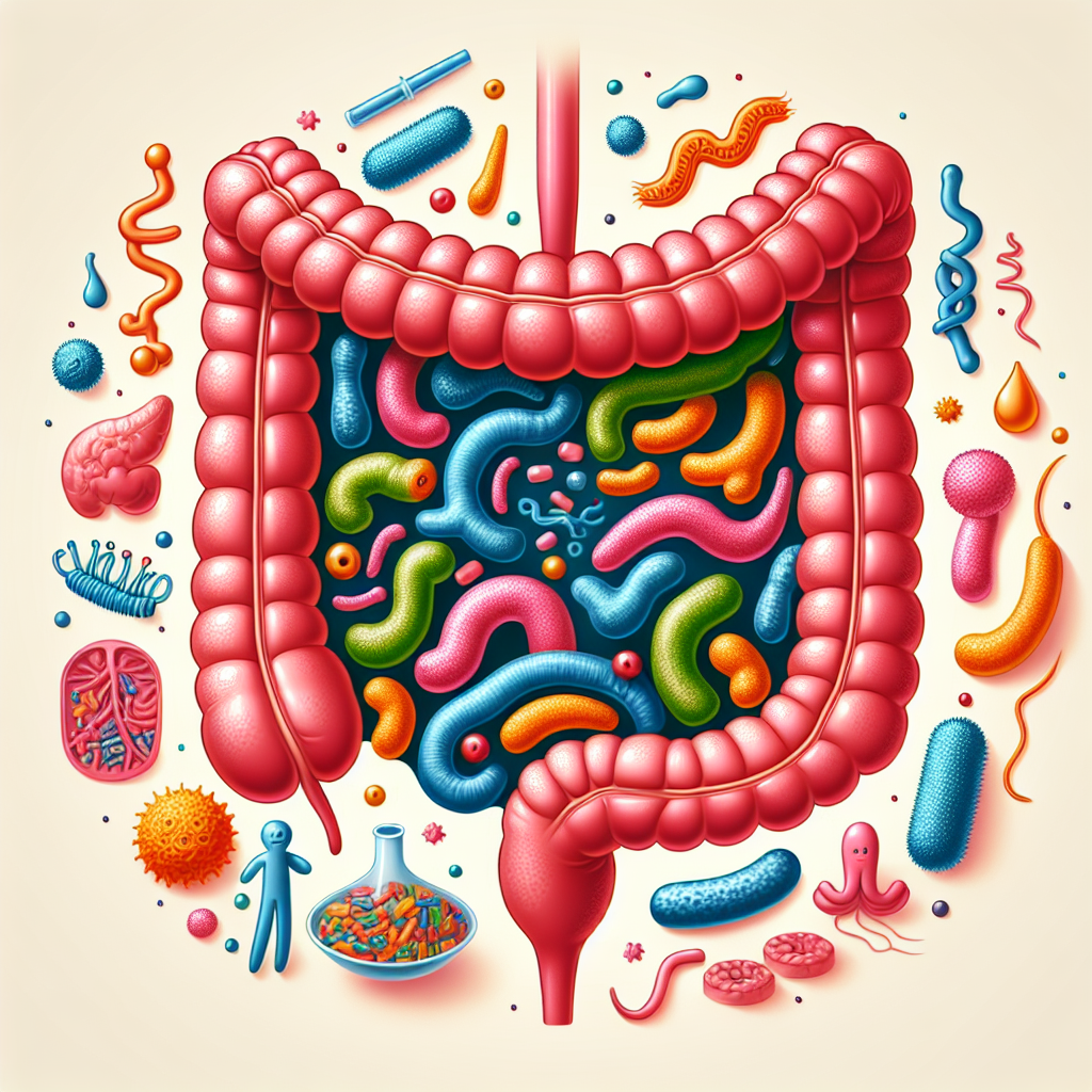 Illustration de la flore intestinale montrant des bactéries bénéfiques aidant à l'absorption des nutriments et à la production d'énergie, et des problèmes dus à un déséquilibre, comme une sensibilité réduite à l'insuline et une prise de poids.