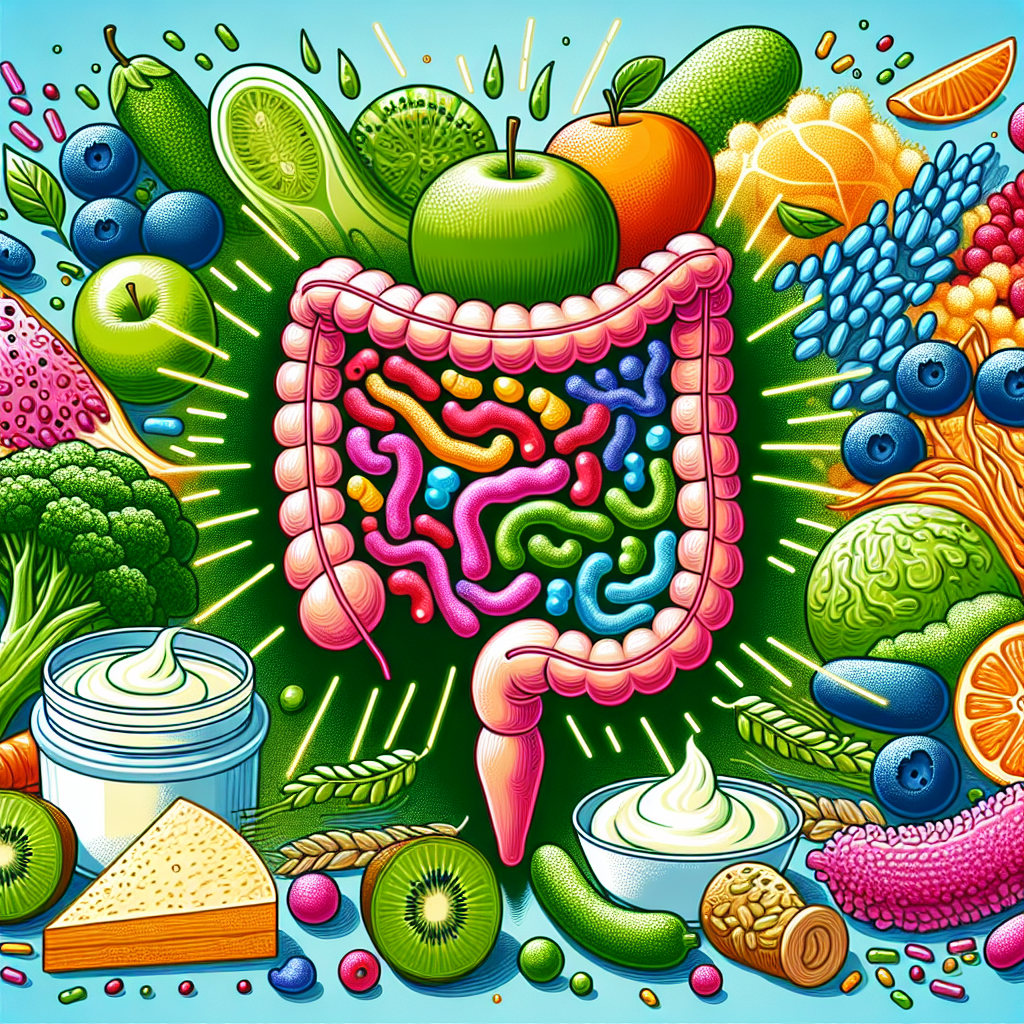 Une représentation diverse et colorée du microbiote intestinal incluant des bactéries bénéfiques et des probiotiques interagissant avec des aliments sains comme des fruits, légumes, yaourt et grains pour symboliser un intestin équilibré pour la perte de poids.