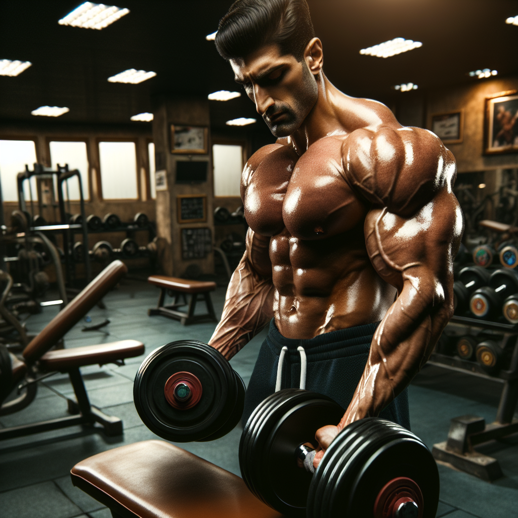Un homme musclé soulève des poids dans une salle de sport, mettant en valeur ses muscles définis et sa force.