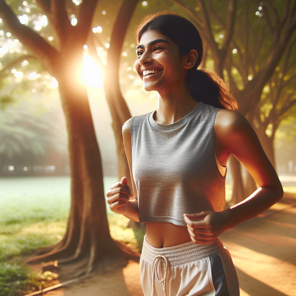 Une personne souriante faisant du jogging dans un parc le matin.