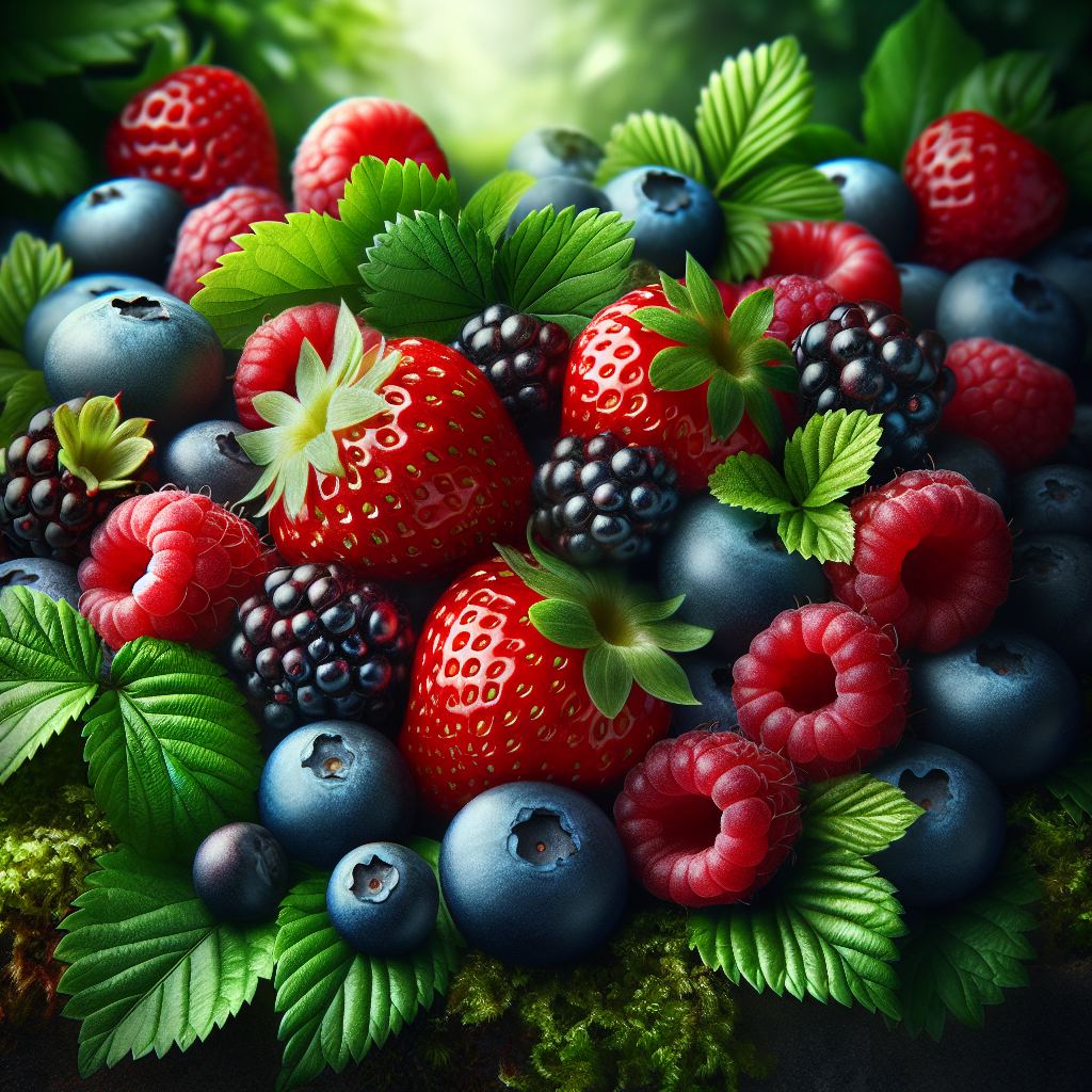 Un assortiment coloré de baies comprenant des myrtilles, des fraises et des framboises dans un cadre naturel. Les baies sont fraîches et vibrantes, avec des textures et des détails visibles.