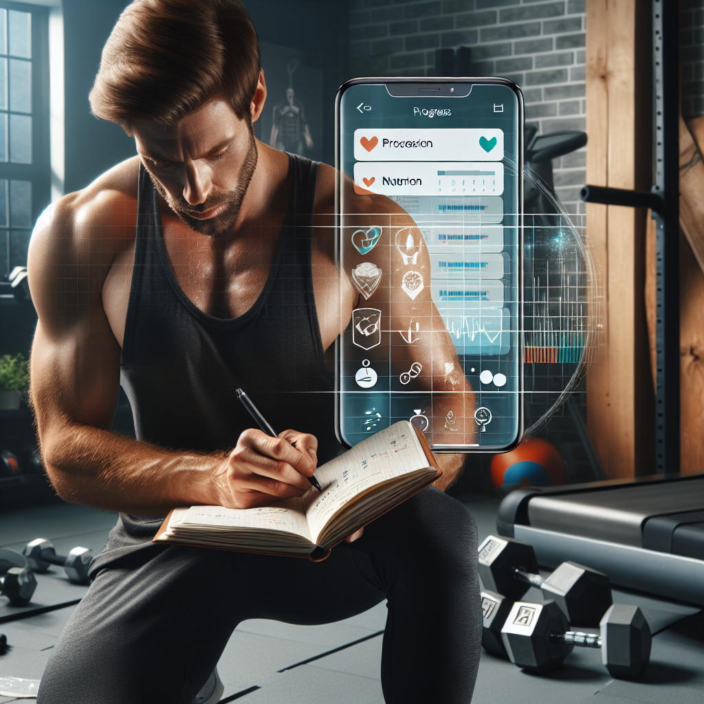 Une personne planifie son entraînement avec un carnet et une application mobile, entourée de poids et d'équipements de gym, montrant le suivi des progrès.