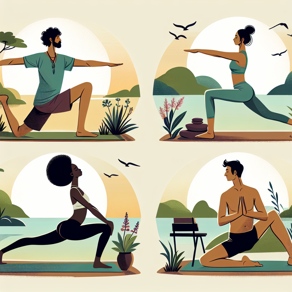 Personnes pratiquant diverses postures de yoga pour la perte de poids dans un environnement serein, incluant la posture du guerrier, la planche, la chaise et le bateau.