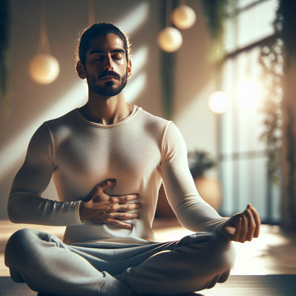 Une personne pratiquant le yoga, assise confortablement, inspirant profondément et expirant fortement tout en rentrant le ventre, effectuant la technique de respiration Kapalbhati dans un environnement paisible.