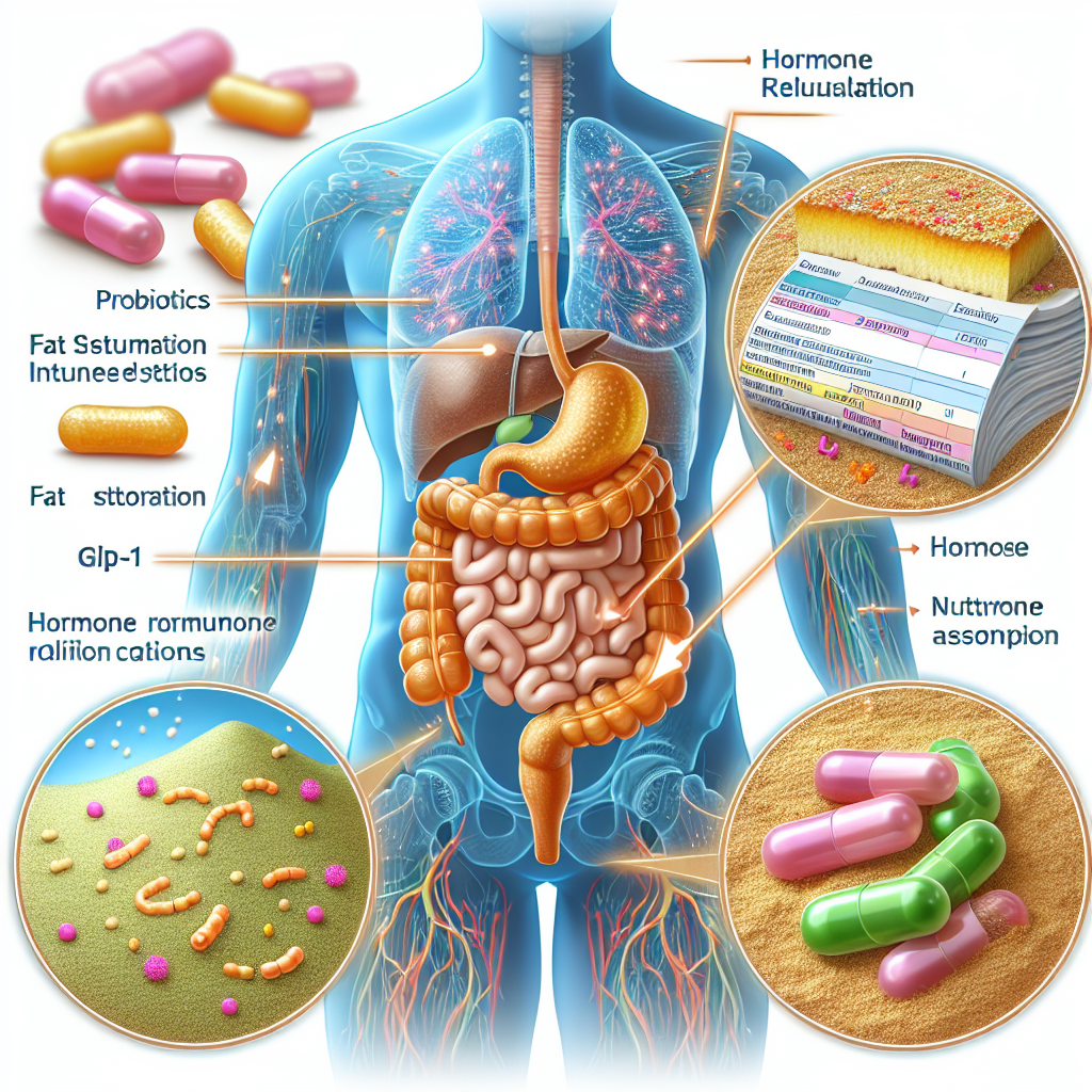 Illustration des probiotiques influençant la perte de poids en modifiant le stockage des graisses, la régulation des hormones et l'absorption des nutriments.