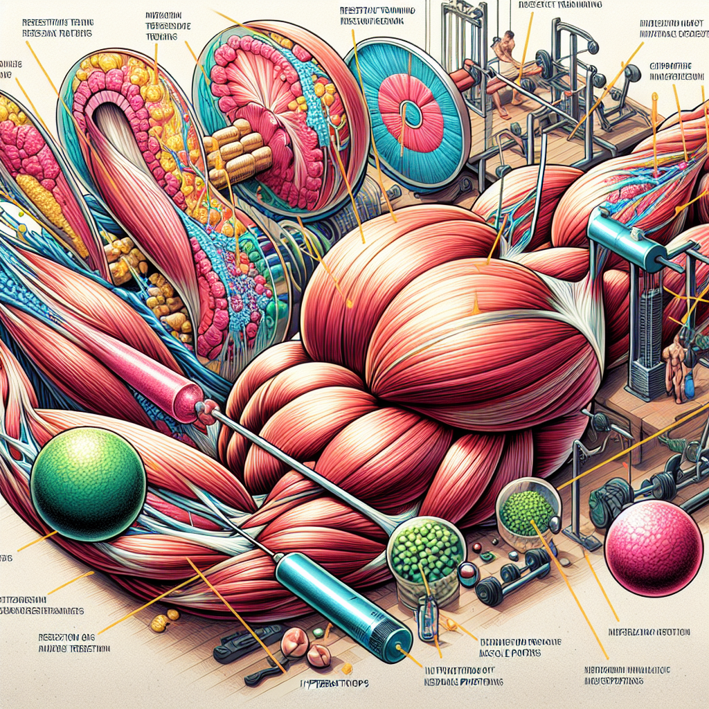 Illustration détaillée du processus de croissance musculaire montrant les fibres musculaires avec des micro-déchirures en cours de réparation et d'agrandissement par l'ajout de nouvelles protéines musculaires.