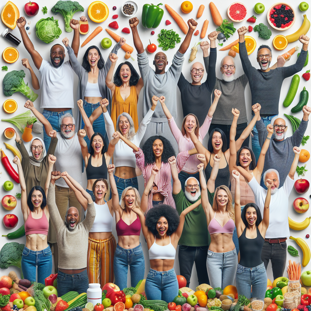 Un groupe de personnes diversifiées et heureuses célébrant leur succès de perte de poids, avec en arrière-plan des fruits frais, des légumes et des suppléments de probiotiques.