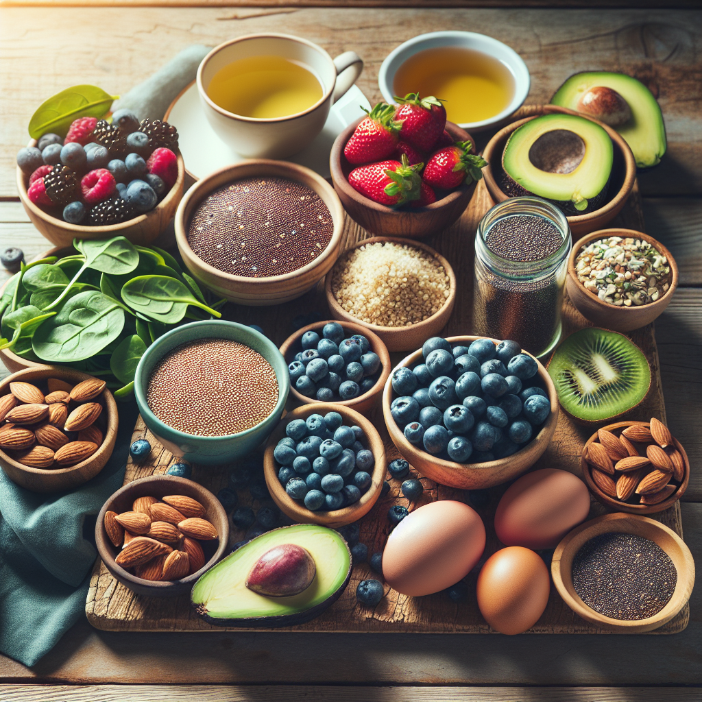 Variete de super-aliments pour la perte de poids, incluant avocats, baies, quinoa, graines de chia, amandes, the vert, epinards et oeufs.