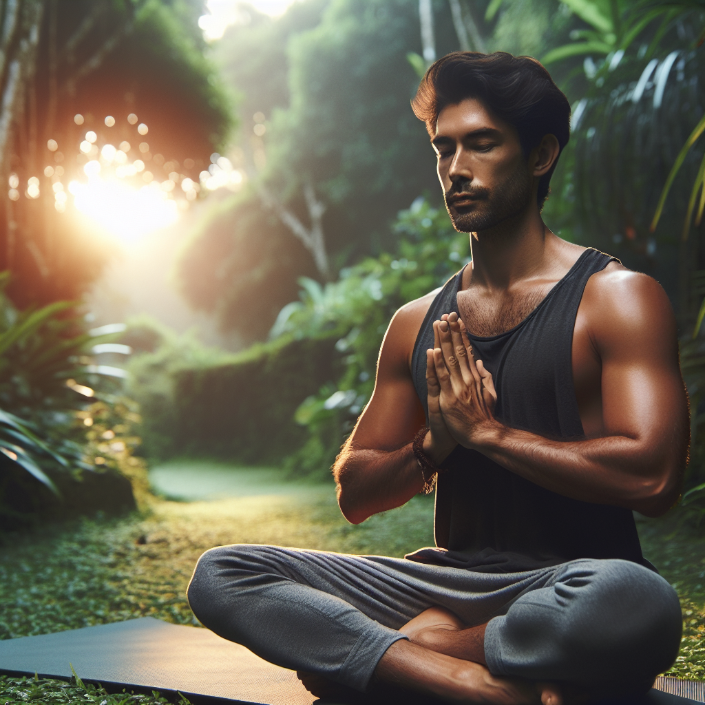 Une séance de yoga en plein air avec une personne pratiquant des poses de yoga Vinyasa, soulignant à la fois l'effort physique et la paix intérieure.