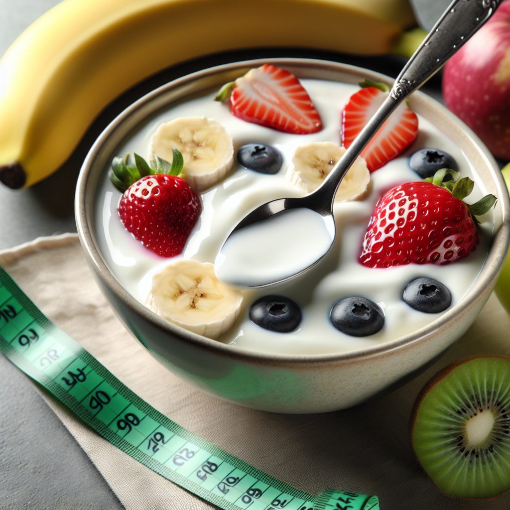 Un bol de yaourt avec des fruits et une cuillère, un ruban à mesurer à côté