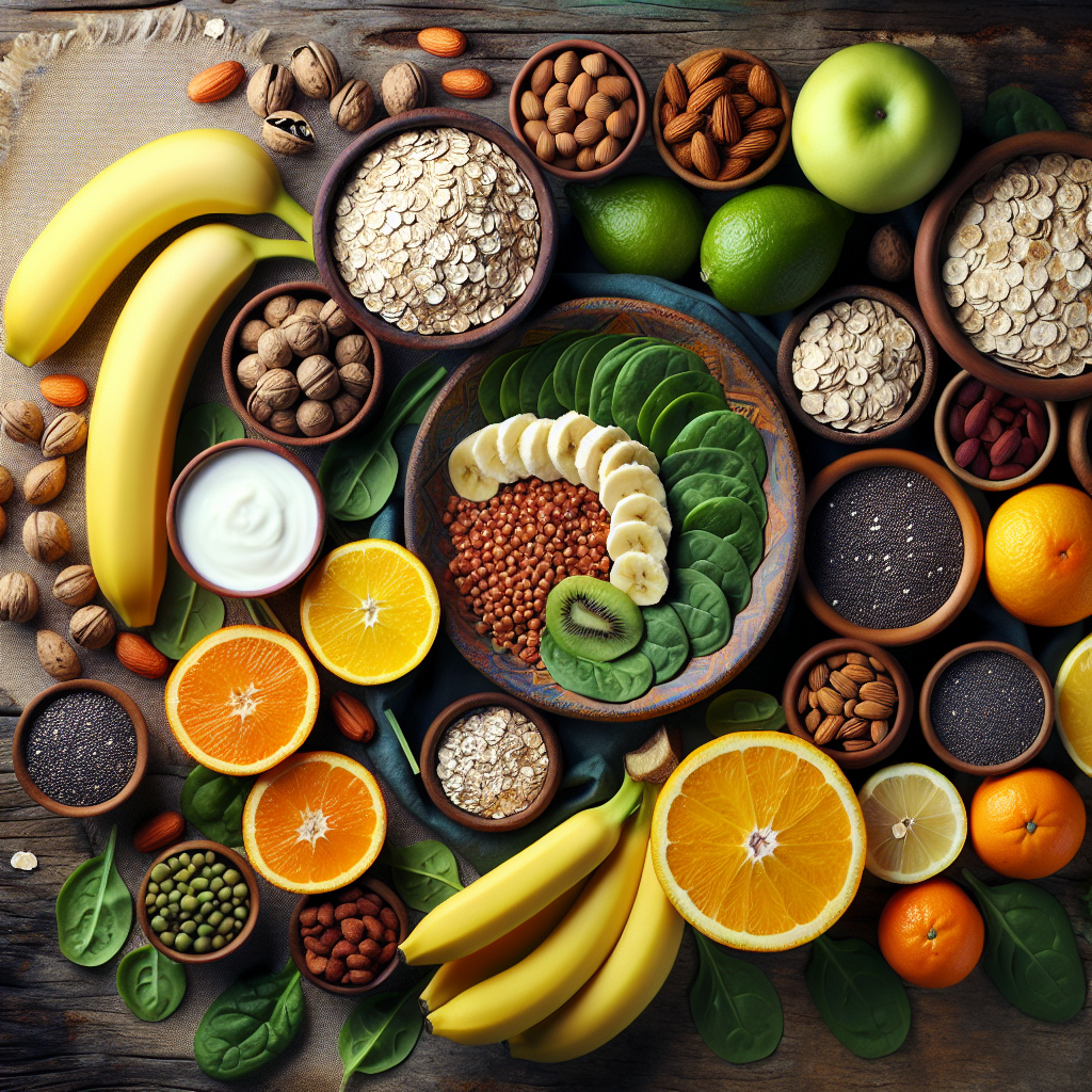 Un assortiment coloré et vibrant d'aliments nutritifs sur une table en bois, incluant des bananes, des avoines, des noix, des épinards, des lentilles, des agrumes, du yaourt et des graines de chia