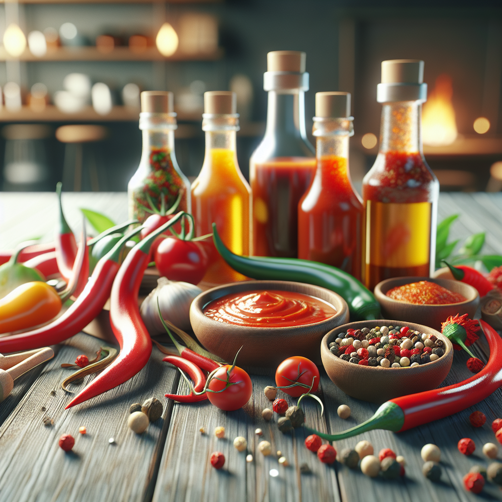 Des aliments épicés comme des piments, de la sauce piquante et des plats épicés sur une table en bois.