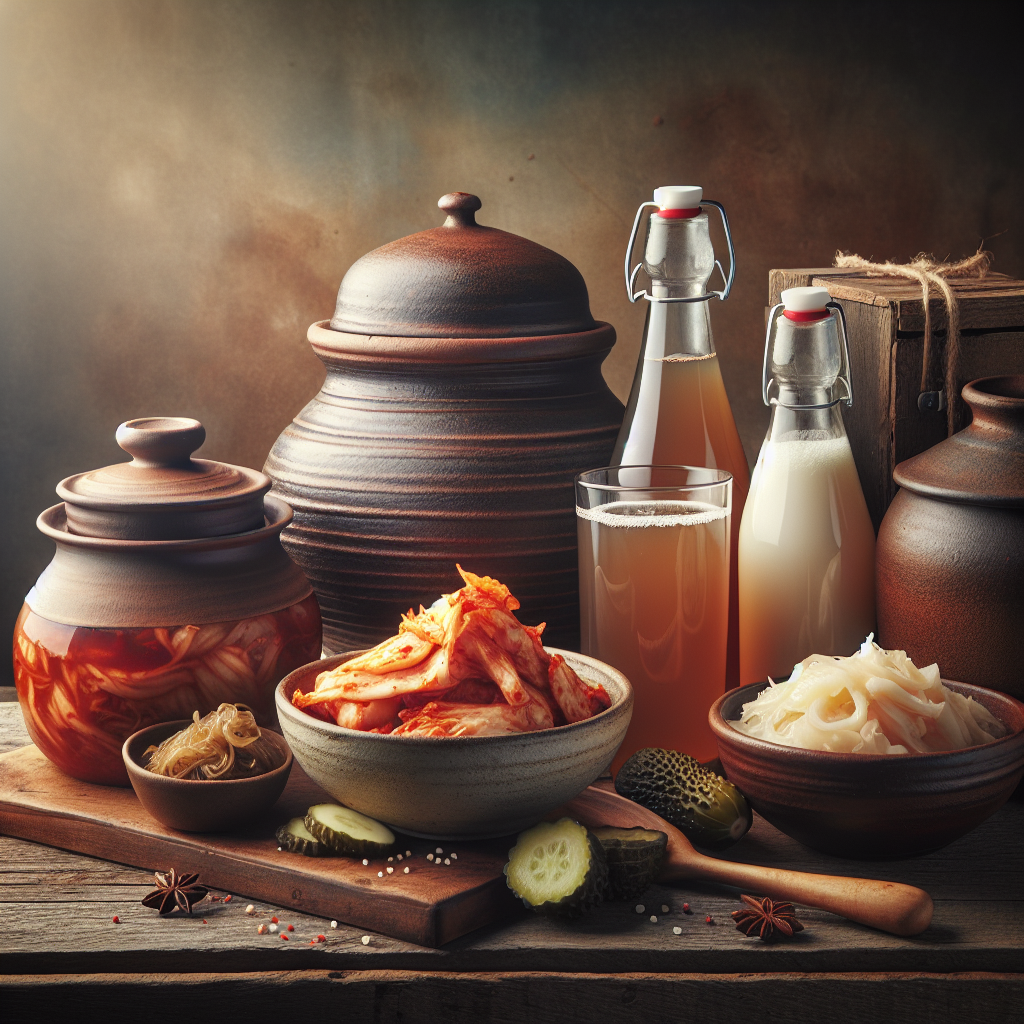 Une variété d'aliments fermentés sur une table en bois