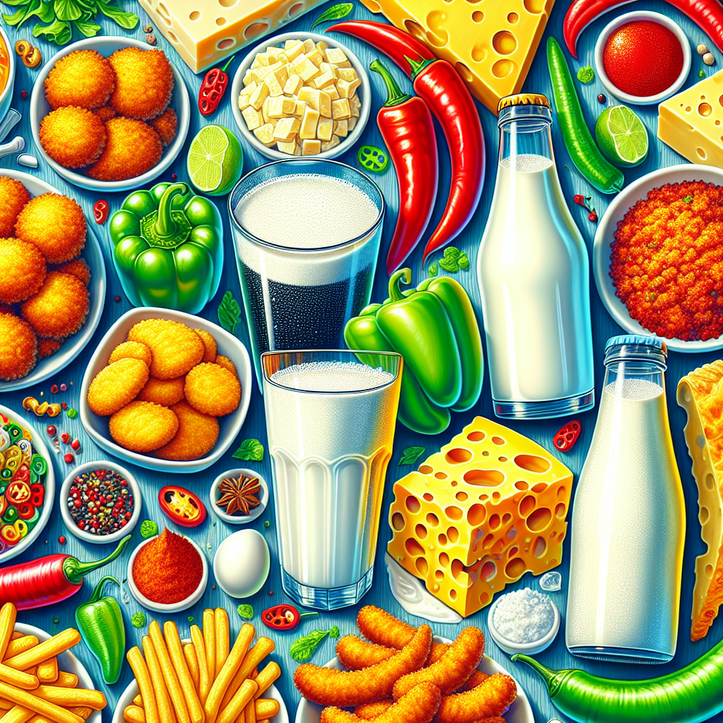 Illustration d'aliments qui sont difficiles à digérer, incluant des produits frits, des produits laitiers, des plats épicés et des boissons gazeuses.