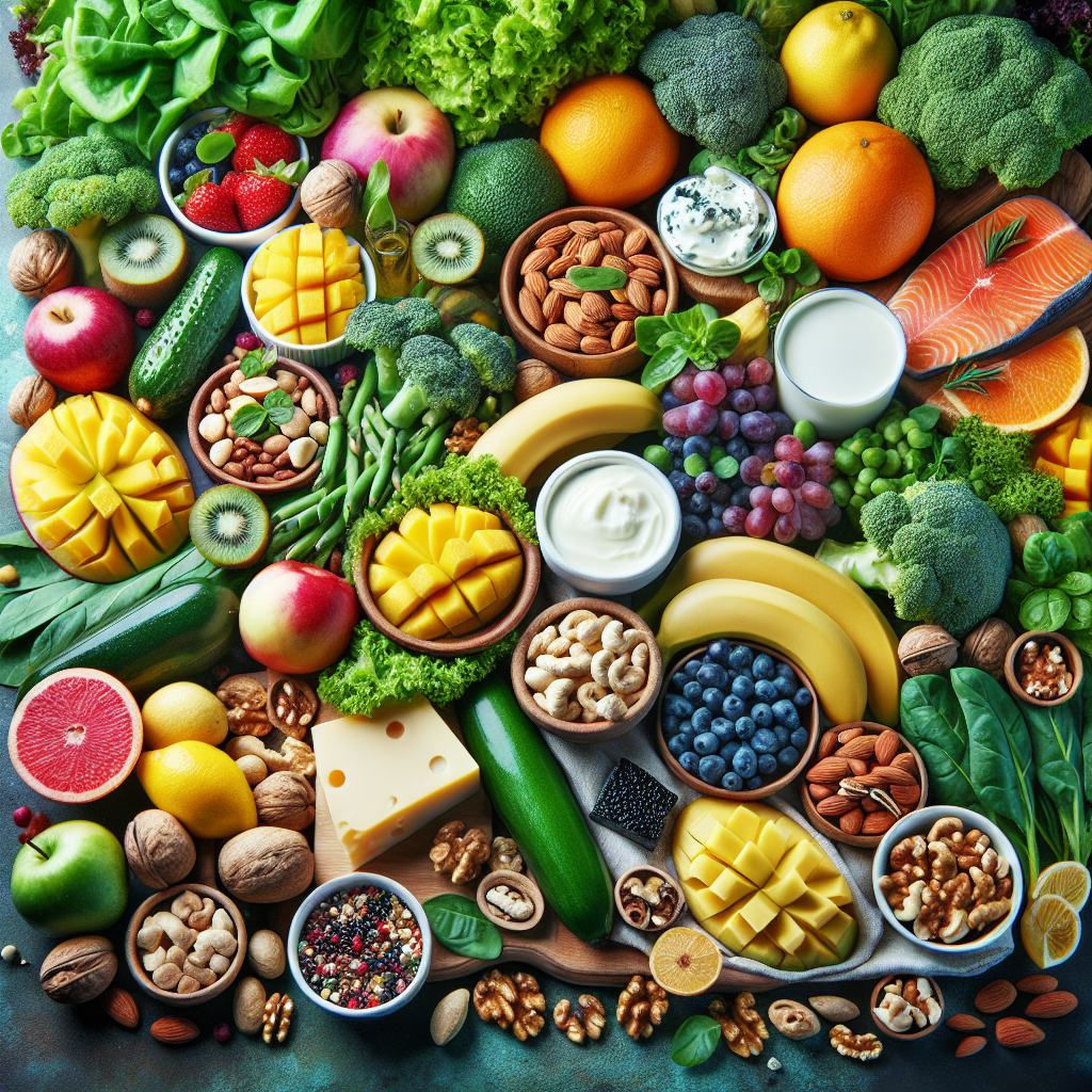 Un assortiment coloré d'aliments nutritifs sur une table comprenant des légumes verts, fruits, produits laitiers, noix et poissons gras