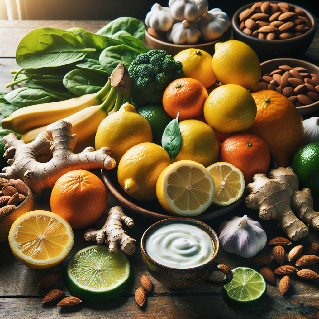 Un assortiment coloré d'agrumes, racine de gingembre, épinards, yaourt, ail, amandes et thé vert sur une table en bois dans une cuisine lumineuse.