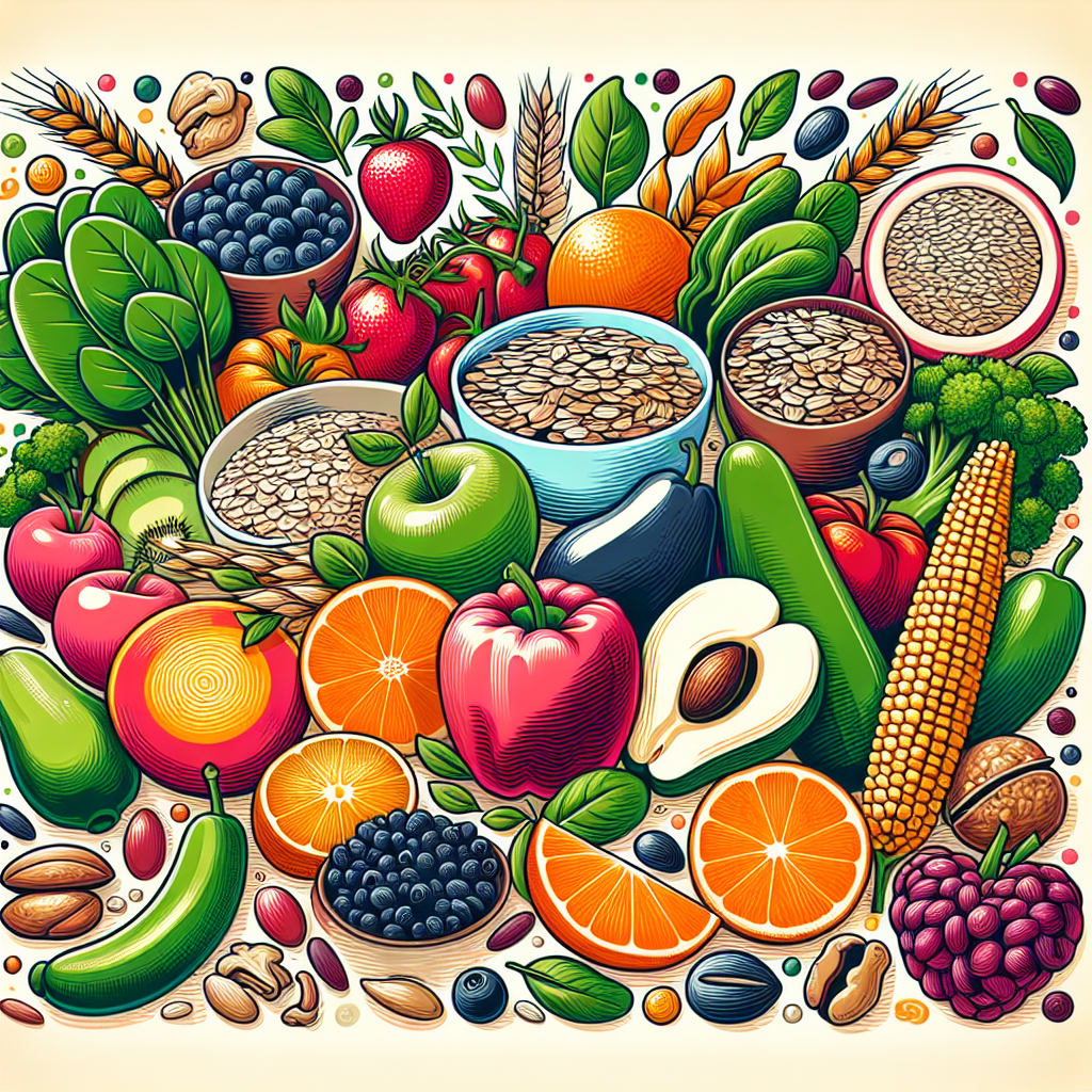 Illustration colorée de divers aliments riches en fibres comme des fruits, des légumes, des céréales complètes et des légumineuses arrangés de manière attrayante.