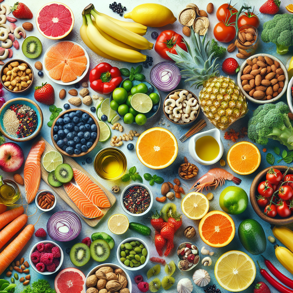 Un collage vibrant d'ingrédients du régime méditerranéen, incluant une variété de fruits et légumes frais riches en vitamines C et E, des noix, des graines et des fruits de mer. La scène est colorée, saine et appétissante.