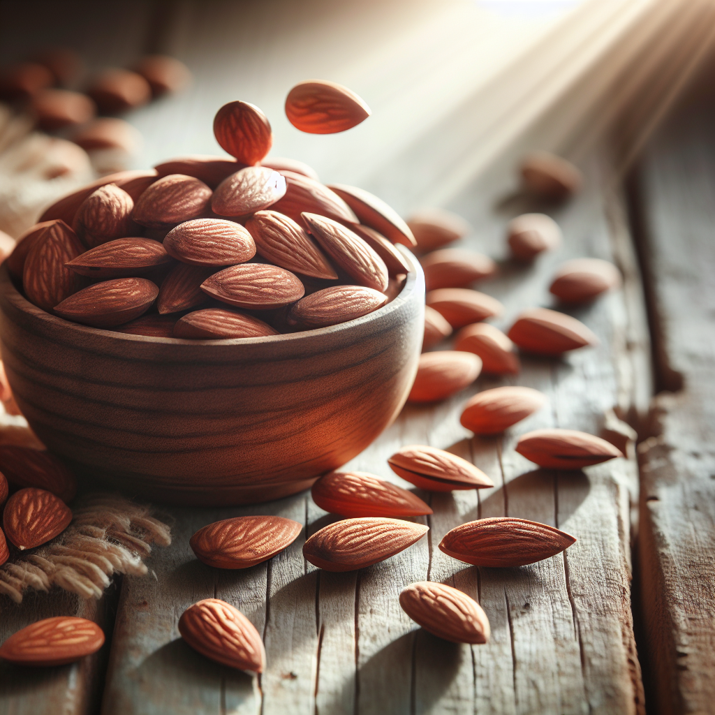 Un assortiment équilibré d'amandes entières et nature déversées d'un petit bol sur une surface en bois, avec une douce lumière naturelle, illustrant leurs qualités saines et nutritives.