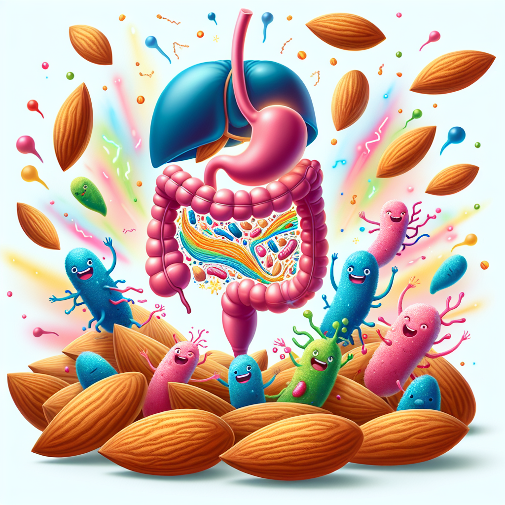 Illustration d'amandes montrant leurs bienfaits pour la santé digestive et leur rôle de prébiotiques. Scène représentant un microbiome sain avec des bactéries heureuses.