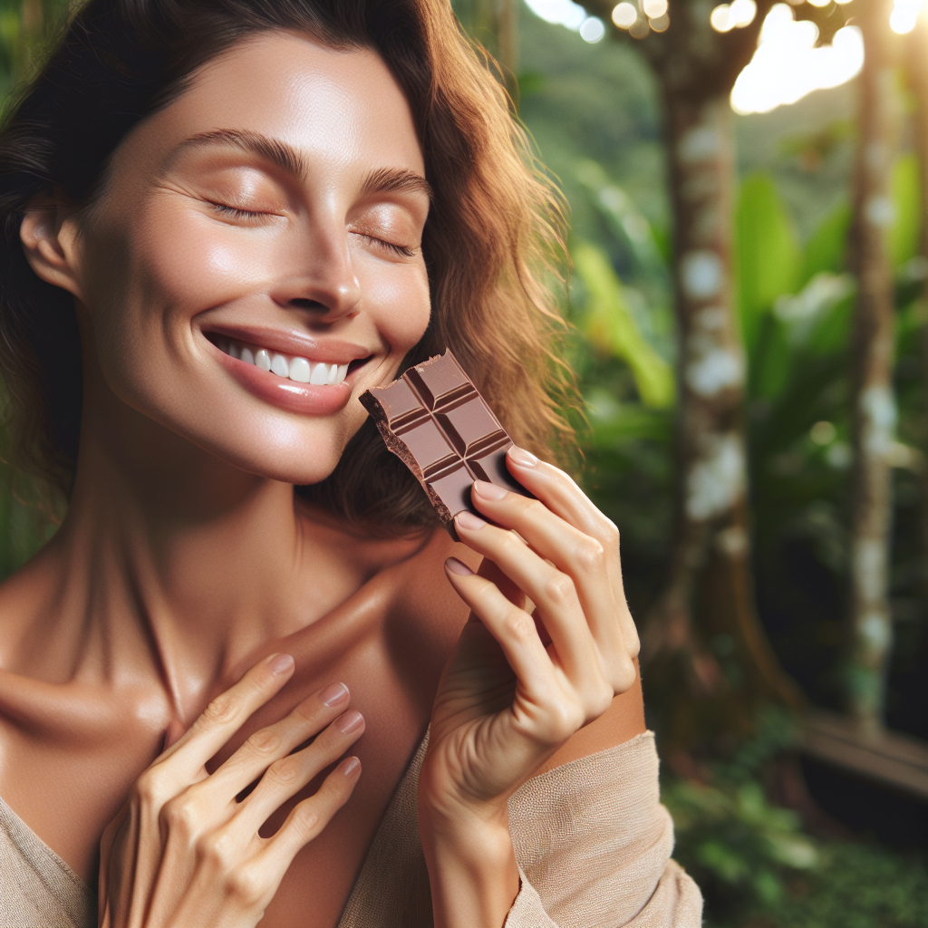 Une femme savourant un morceau de cacao cru, se sentant joyeuse et détendue, entourée d'une ambiance apaisante.