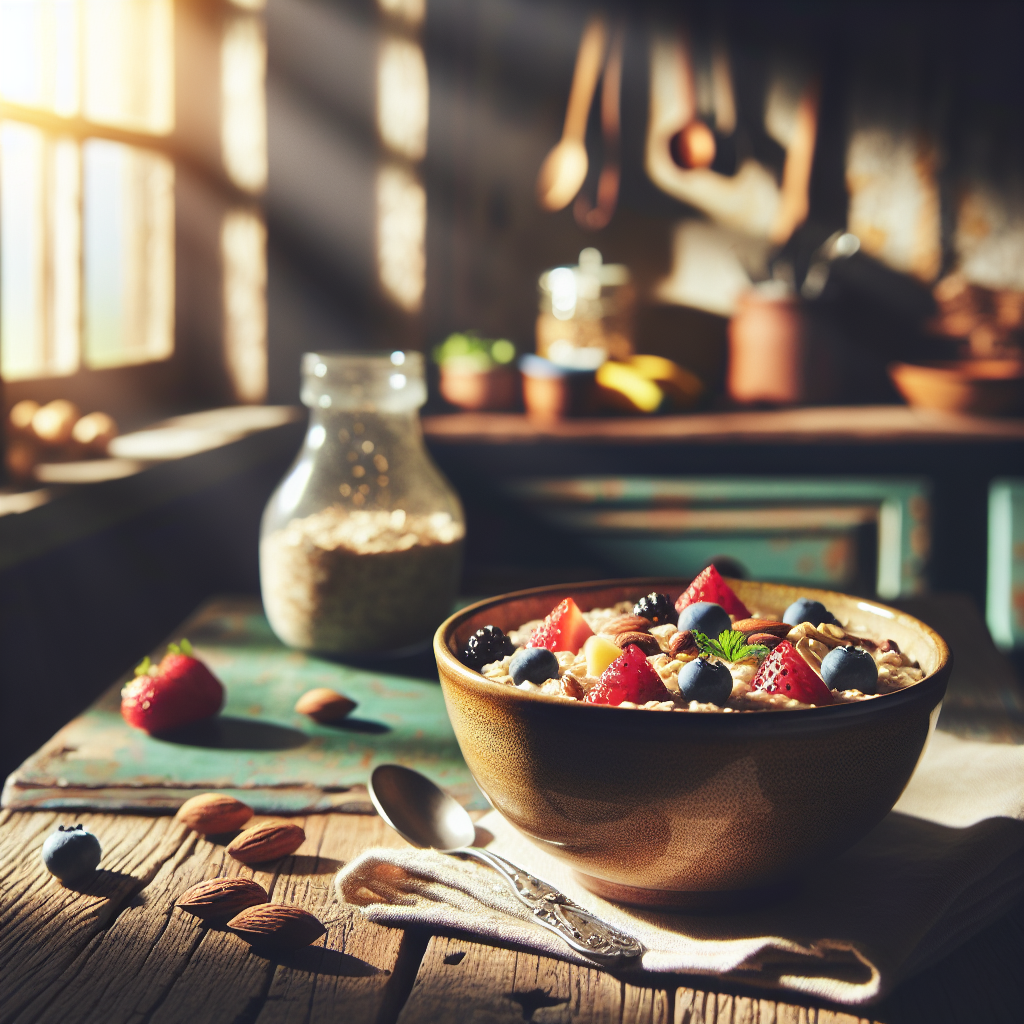 Bol de flocons d'avoine avec des fruits frais et des noix sur une table en bois rustique, éclairé par la lumière du matin.