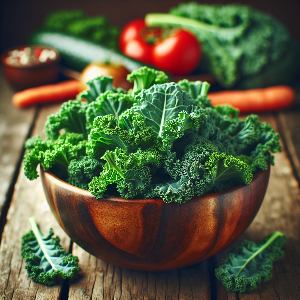 Bol de feuilles de kale frais sur une table en bois avec d'autres légumes tels que des tomates et des carottes, indiquant une alimentation saine et équilibrée.