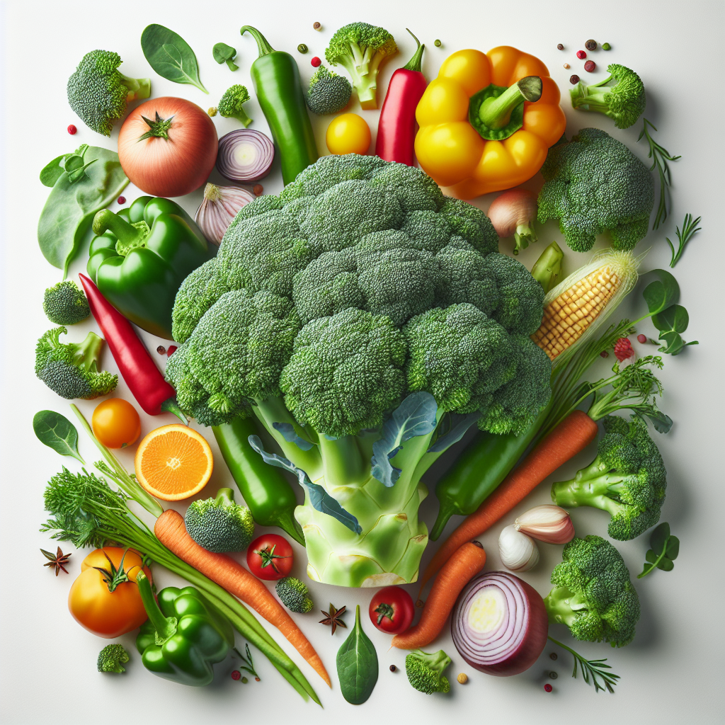 Une tête de brocoli frais avec des tiges vertes riches, entourée de divers légumes colorés comme des poivrons et des carottes, le tout sur un fond blanc propre.