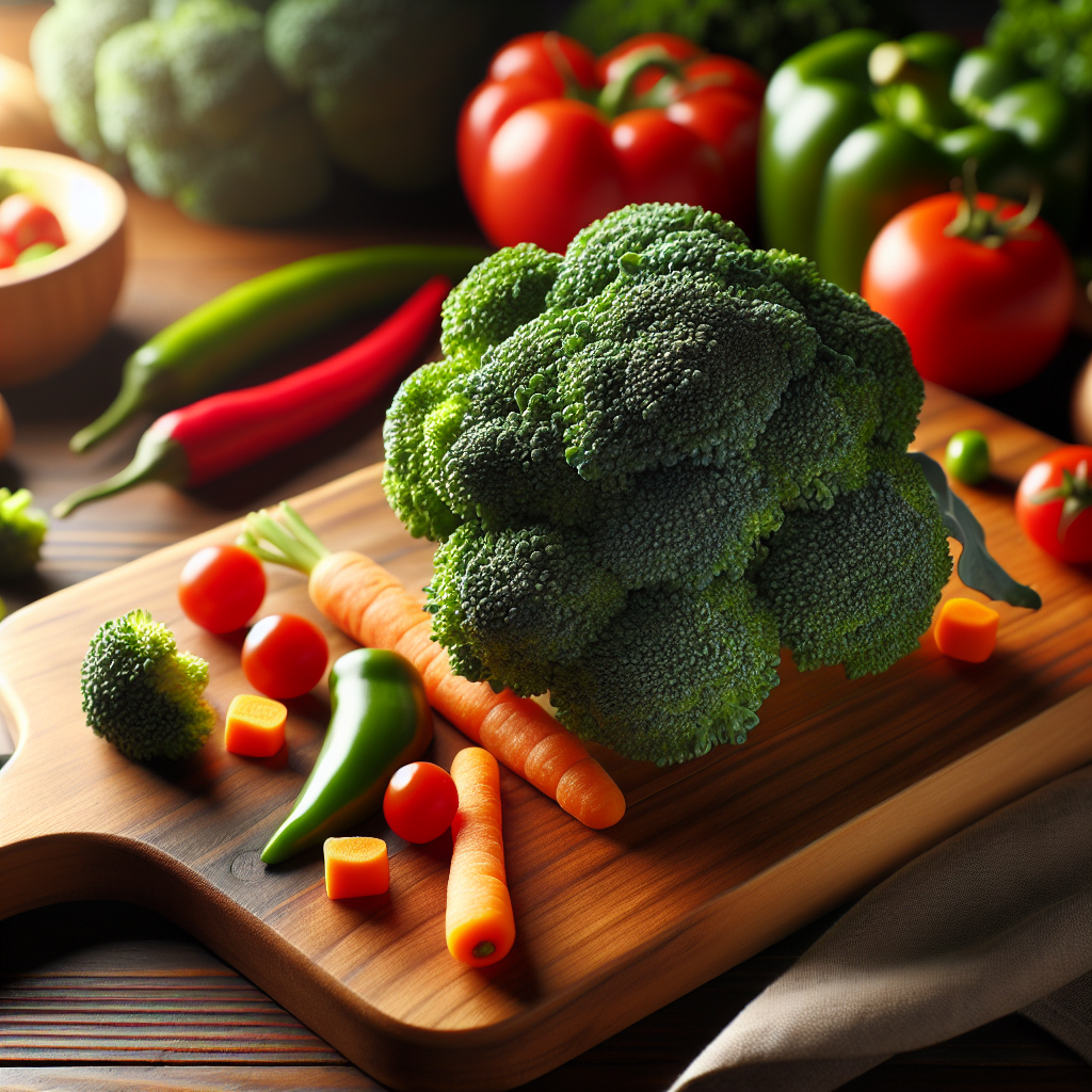 Brocoli frais sur une planche à découper entouré de divers légumes dans une cuisine lumineuse