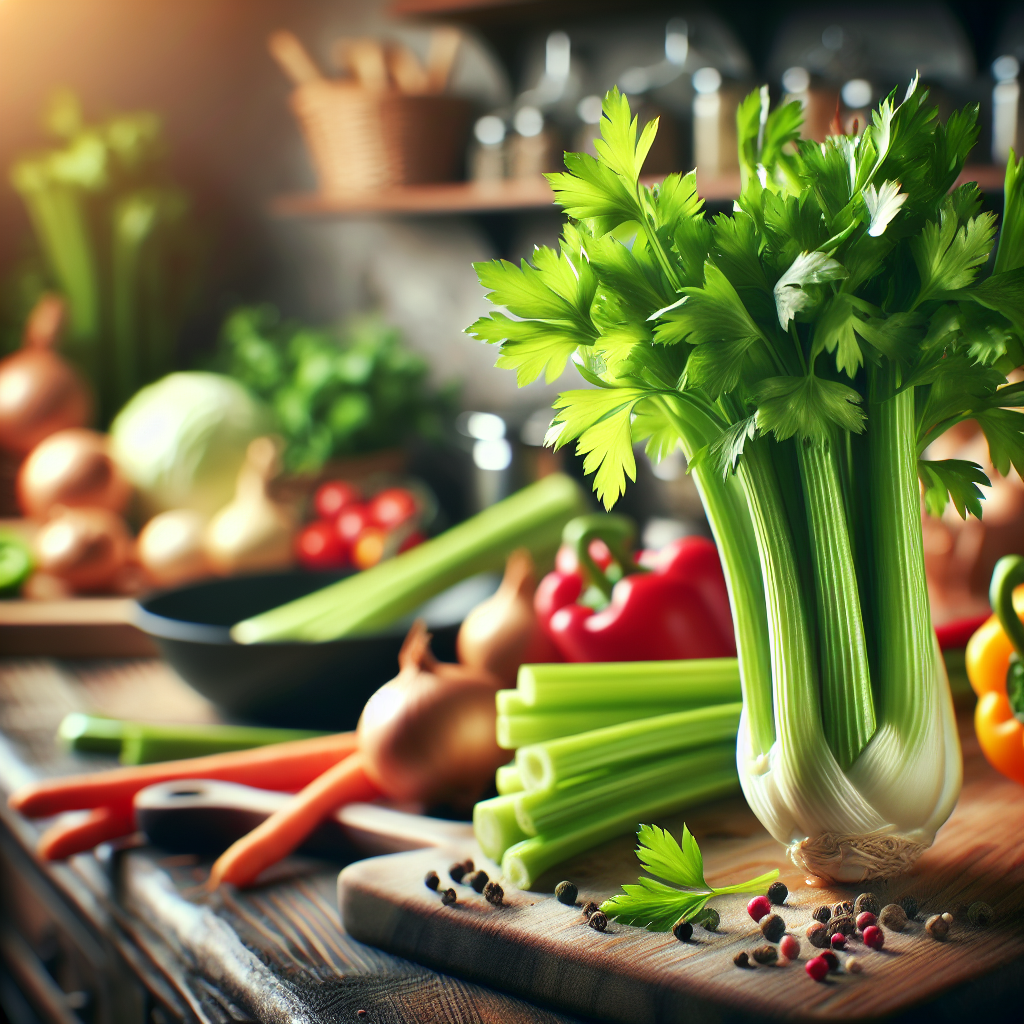 Un gros plan d'un bouquet de céleri frais dans une cuisine avec d'autres légumes en arrière-plan