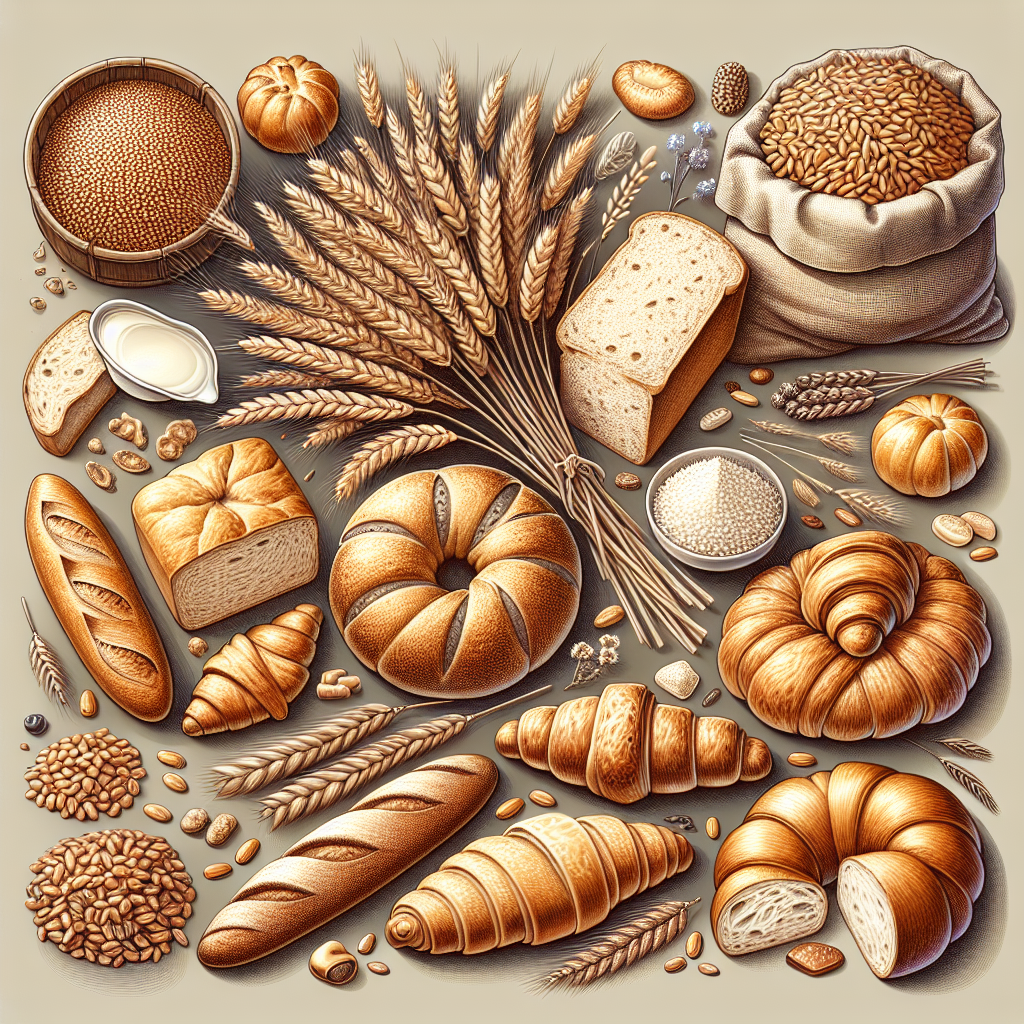 Des grains de blé, d'orge et de seigle avec des produits de boulangerie montrant une texture moelleuse et élastique.