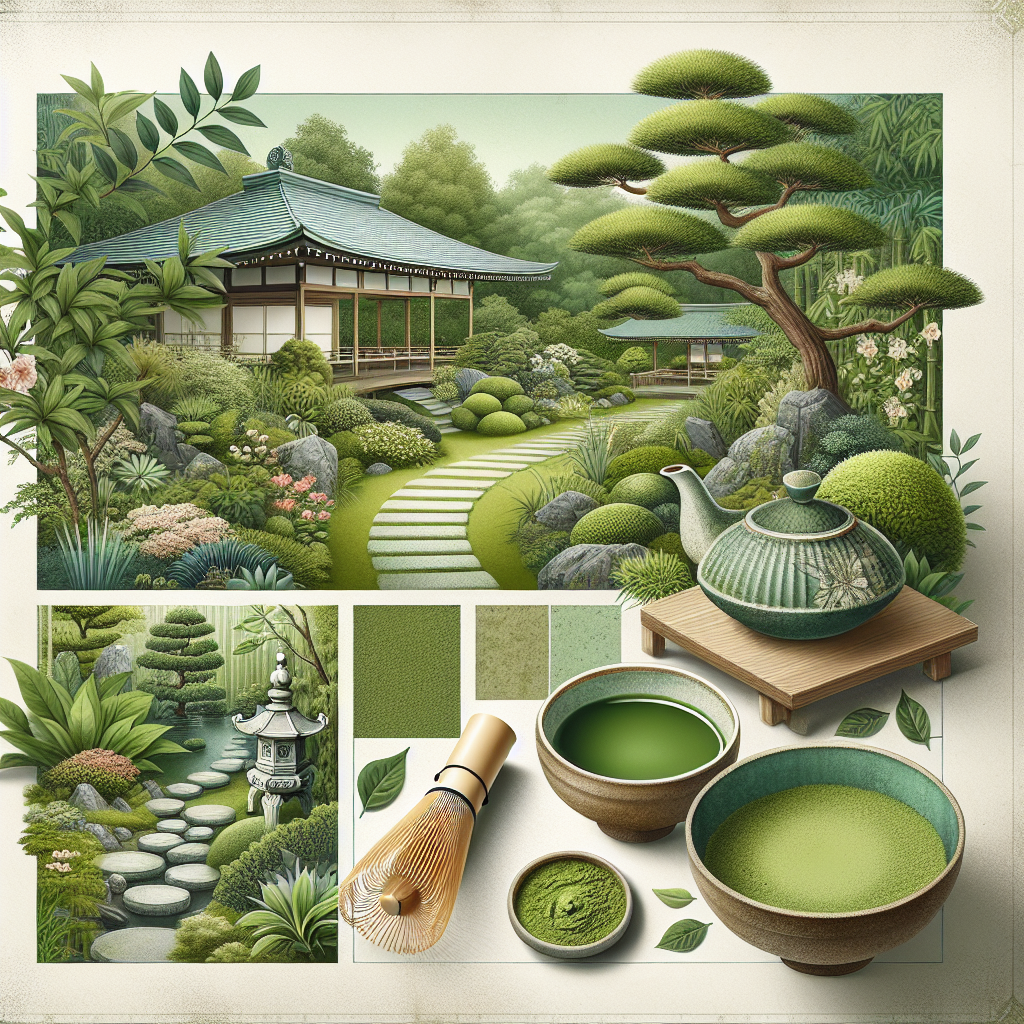 Une cérémonie traditionnelle du thé matcha japonaise avec des éléments tels que des bols de thé, des fouets en bambou et du thé matcha en poudre. En arrière-plan, un jardin japonais luxuriant.