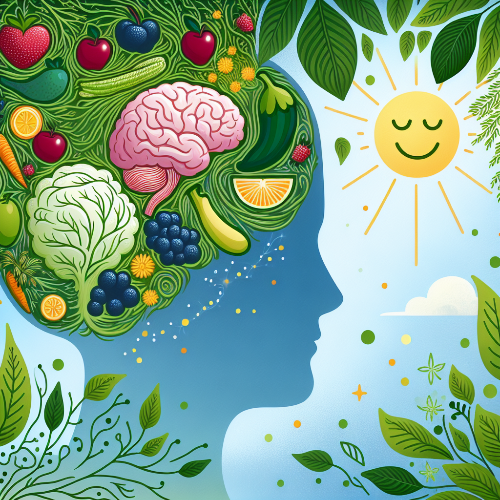 Illustration d'un cerveau humain connecté à un intestin sain représenté par des légumes verts, des fruits et un visage souriant