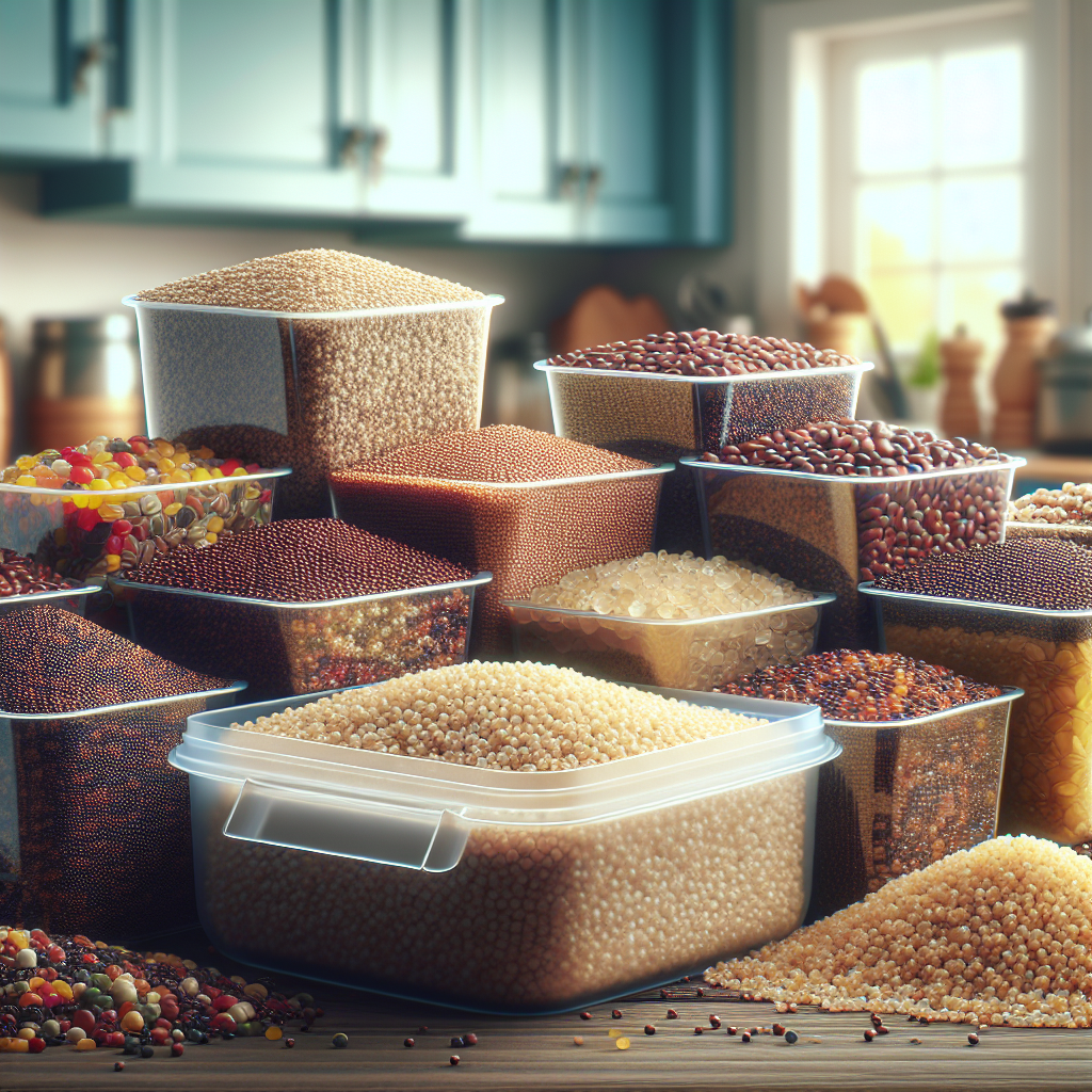 Différentes variétés de graines de quinoa dans une cuisine, incluant un emballage biologique et du quinoa cuit dans un réfrigérateur.