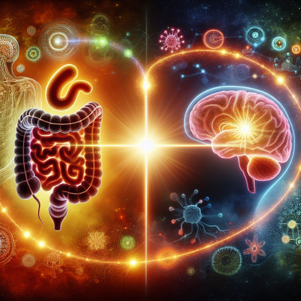 Illustration de la connexion entre l’intestin et le cerveau, montrant un intestin sain avec des bactéries bénéfiques et un cerveau, reliés par une voie lumineuse symbolisant la communication