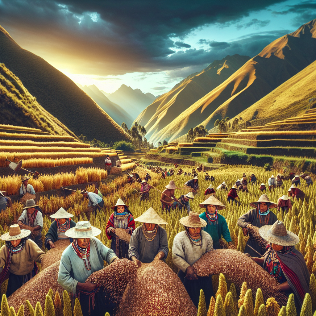 Représentation traditionnelle de la culture du quinoa dans les Andes par les anciennes civilisations Incas, avec des agriculteurs récoltant du quinoa dans les champs et les montagnes colorées des Andes en arrière-plan.