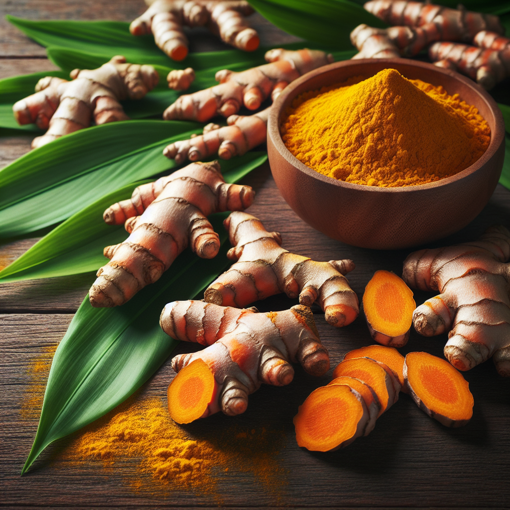 Racines de curcuma et poudre de curcuma dans un bol