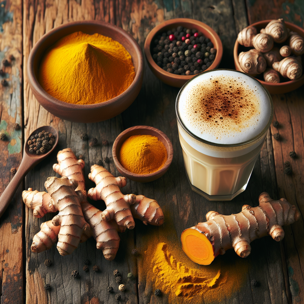 Racine et poudre de curcuma avec du poivre noir et un lait au curcuma