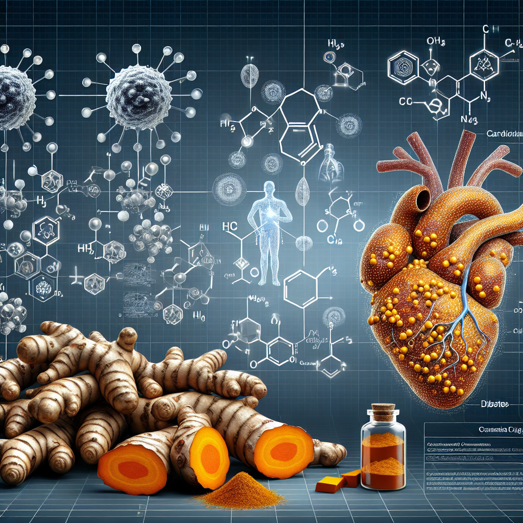 Illustration montrant les racines de curcuma et des diagrammes moléculaires représentant la curcumine, avec des éléments comme un cœur humain, un cerveau et des symboles de diabète, soulignant les effets bénéfiques potentiels du curcuma sur la santé.