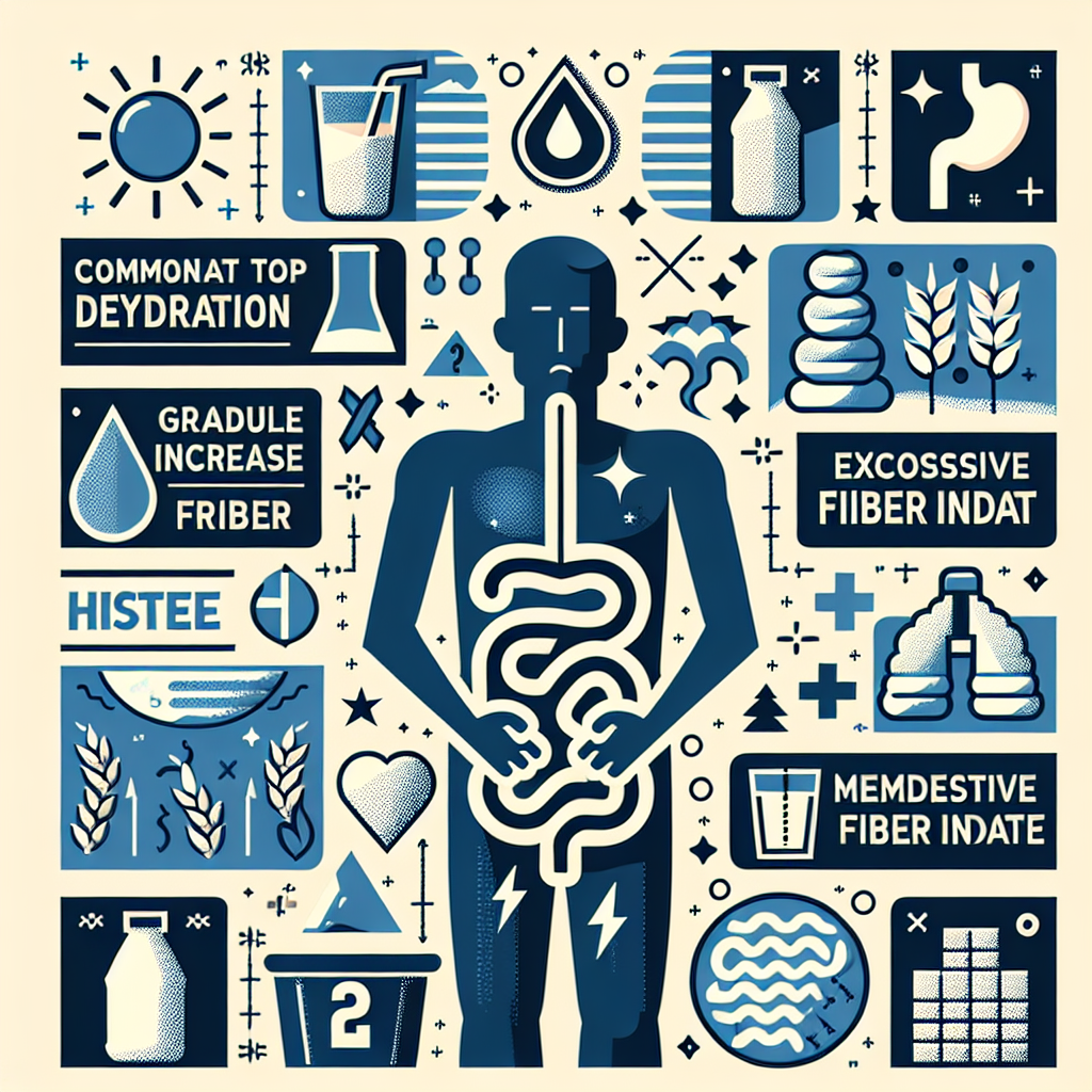 Illustration des erreurs courantes lors de l'augmentation de la consommation de fibres, montrant l'importance de boire suffisamment d'eau et d'augmenter progressivement les fibres pour éviter des problèmes digestifs comme la constipation et les ballonnements.