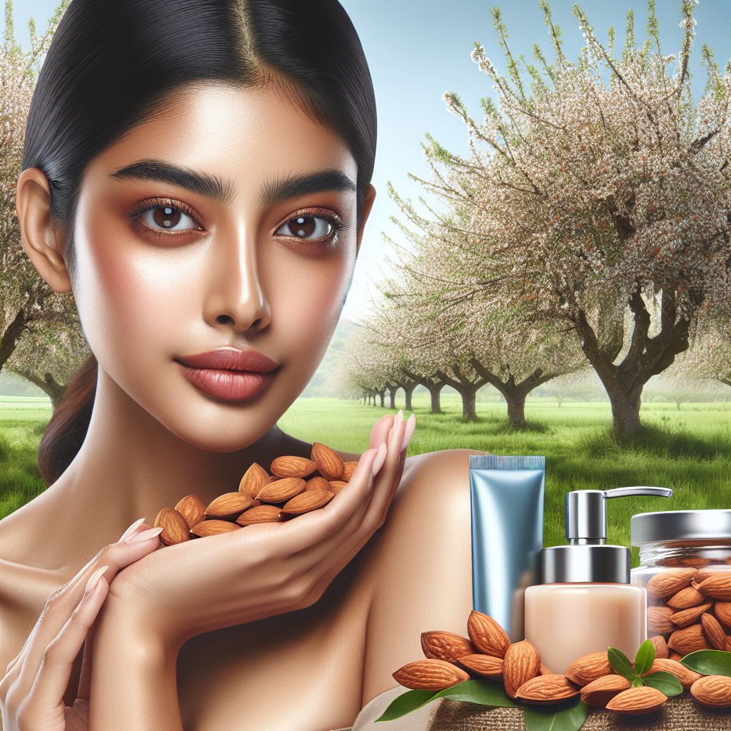 Une belle femme avec une peau impeccable et jeune tenant une poignée d'amandes. Sa peau semble hydratée et souple. En arrière-plan, des éléments naturels comme des amandiers ou des produits de soin à base d'amandes.