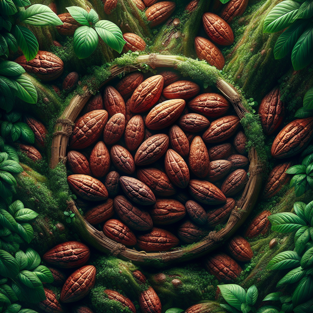 Gros plan sur des fèves de cacao cru non torréfiées dans leur environnement naturel, montrant leur couleur brune et leur texture rugueuse.