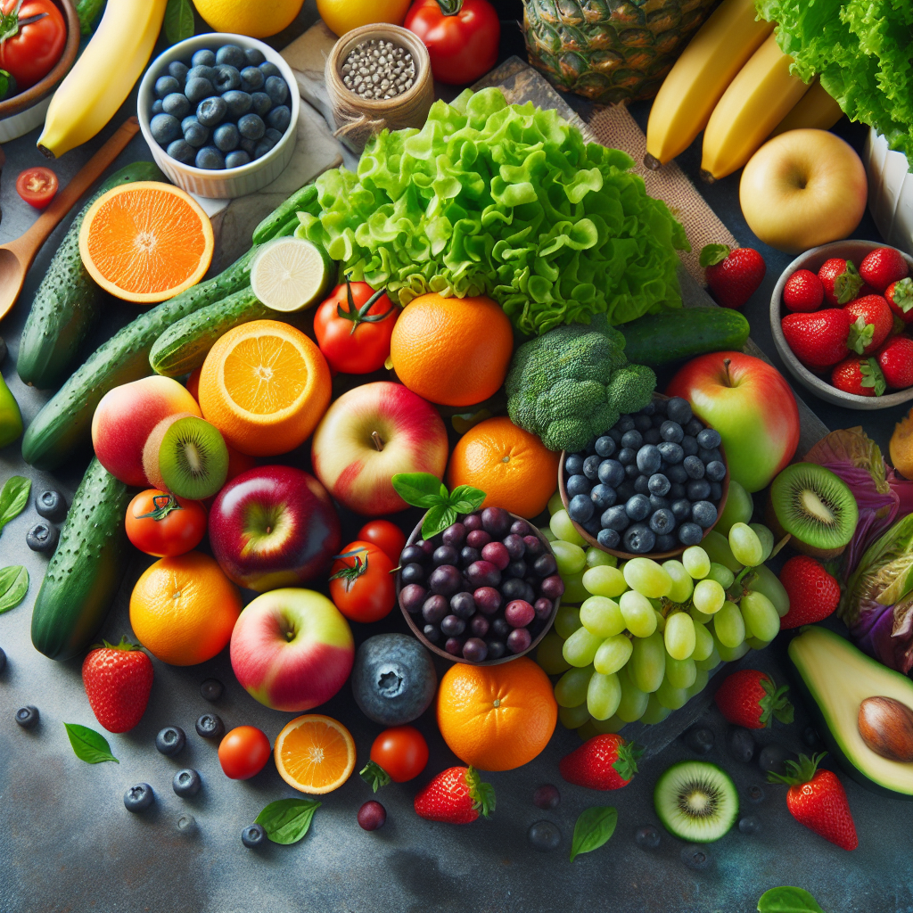 Un assortiment coloré de fruits et légumes frais disposés sur un comptoir de cuisine