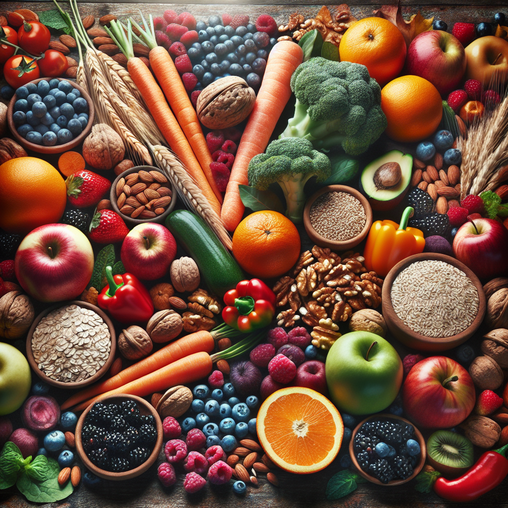 Une collection de fruits, légumes, noix et grains sur une table en bois.